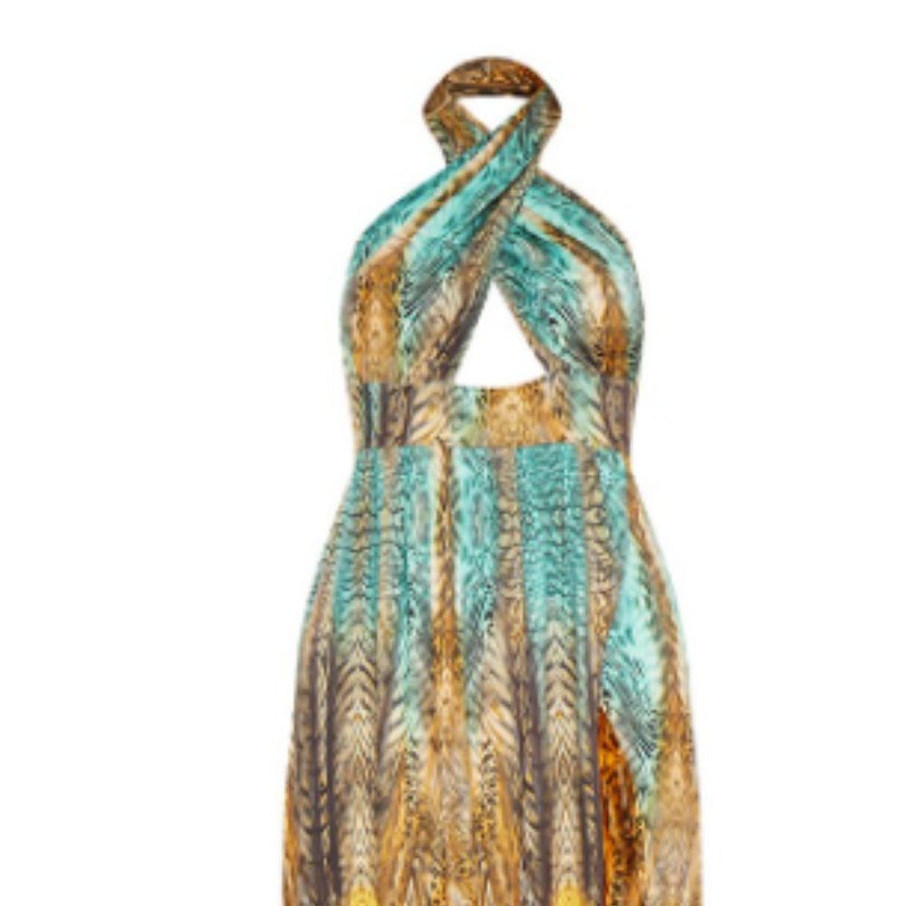 NWT- MULTI TIGER PRINT CROSS OVER HALTERNECK MAXI DRESS/COVER UP - Picture 15 of 16